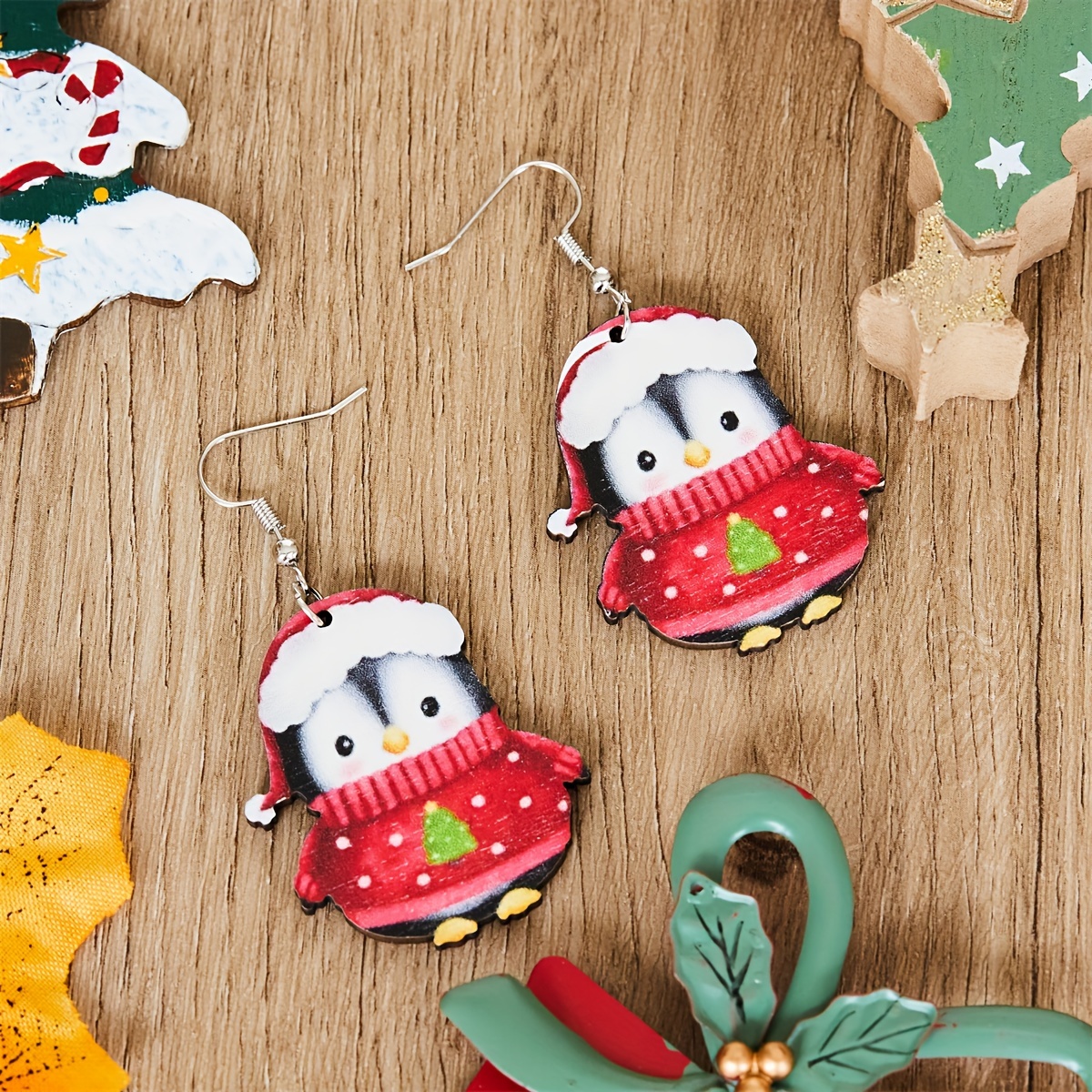 Green & Red Penguins Dangle Earrings Set Boho Style Wooden Jewelry